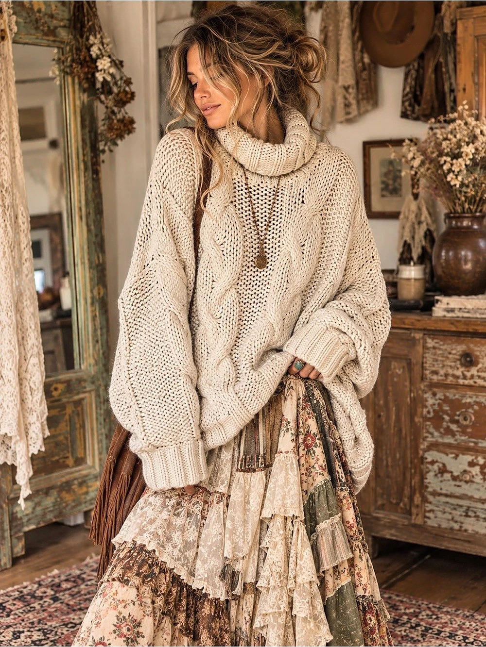 12th Tribe Oversized Cowl Neck Sweater Cable Knit Cowl Neck Cream S/M